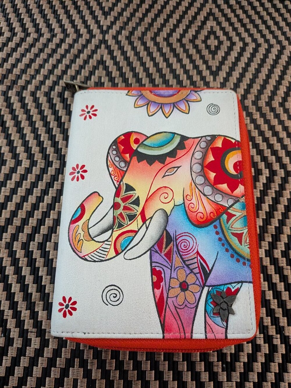 Hand-Painted Anna by Anuschka "Retro Elephant" Leather Wallet Wristlet